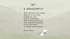 a poem written in black and white with a dragonfly flying over it