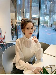 Long Sleeve Wrinkled Chiffon Blouse Shirt – Nada Outfit Land White Sheer Sleeves Top For Office, Casual White Blouse With Sheer Sleeves, Ootd Korean Style, Casual Blouse Shirts, Chiffon Shirt Blouse, Coachella Valley, Designs For Dresses, Blouse Shirt, Chiffon Blouse