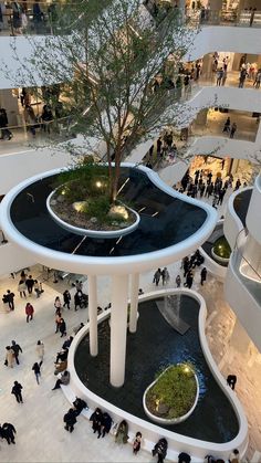 people are walking around in the atrium of an office building with a tree on top