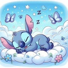 an animal sleeping on top of a cloud with butterflies flying above it and the sky in the background