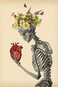 a drawing of a skeleton holding a heart with flowers in it's hand and a butterfly flying over its head