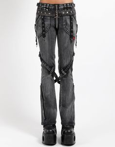 TRIPP NYC - POWER BELT PANT BLACK Gothic Fitted Bottoms With Rivets, Edgy Straight Leg Pants With Belt Loops, Fitted Gothic Bottoms With Rivets, Fitted Bottoms With Rivets For Alternative Fashion, Punk Style Straight Leg Pants For Concert, Grunge Pants With Belt Loops For Concerts, Edgy Straight Leg Cargo Pants With Belt Loops, Punk Style Pants With Rivets For Concerts, Gothic Pants For Concert With Belt Loops