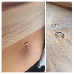 two pictures of a woman's belly with piercings on it