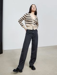 MO&Co. Women's Wool Striped Knit Cardigan Features : - Stripe pattern- Short knitted sweater- V neckline and long sleevesCode : MBC3CART18Length of size M is 51.5cmStripe : Model is 175cm tall and wearing a size M MATERIALS & CARE : Material : 89.2% Wool 10.8% CashmereDo not wash, do not bleachSpread out in the shade to dry, do not tumble dryLow temperature pad ironing, professional dry cleaningPlease select your own size in the size chart according to your figure and serve model size as a guide Summer Cardigan, Beige Cardigan, Patterned Shorts, Knitted Sweater, Striped Knit, Black Cardigan, Striped Shorts, Stripes Pattern, How To Look Pretty