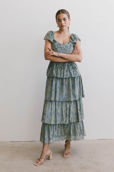 Rosera Floral Tiered Dress Bridesmaid Floral Dress, Sunday Dresses, Ruffle Shoulder Dress, Velvet Rose, Velvet Midi Dress, Bodice Dress, Pleated Midi Dress, Ruffle Sleeves, Ruched Dress