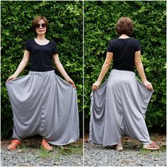 "Boho funky pants or skirt with elastic waist. The pants feature very low crotch, roomy pocket, side flap with button that create a wrap skirt looks! Material: 40% cotton mix 60% polyester jersey, elastic band, button Model is 161 cm. tall with 28\" waist and 38\" hip Measurement: pants (approximately) Elastic waist: 26\"-36\" (no zipper) Hip: 72\" If you wear as shown on the 2nd pic. Hip: 45 \" If you button up as shown on the 3rd pic. Length: 36\" (longest partfrom waist to hem) PLEASE PROVIDE Summer Fitted Bottoms With Drop Crotch, Summer Stretch Drop Crotch Pants, Casual Harem Bottoms With Side Pockets, Casual Non-stretch Harem Bottoms, Baggy Harem Pants With Side Pockets, Casual Harem Bottoms With Elastic Waistband, Spring Stretch Harem Pants With Side Pockets, Stretch Harem Pants With Side Pockets For Spring, Harem Loungewear Bottoms With Pockets