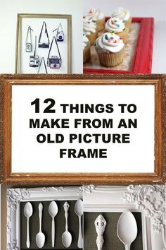 an old picture frame with spoons and cupcakes on it in front of some pictures