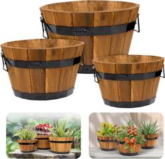 four wooden buckets with plants in them