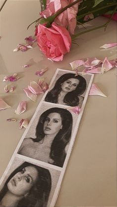 three photos of the same woman on a piece of paper with pink flowers in the background