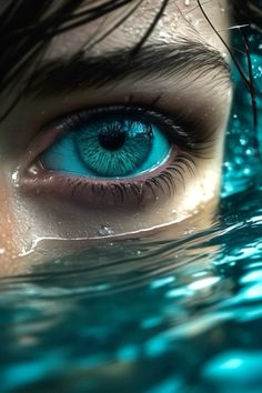 a woman's blue eyes are reflected in the water