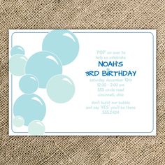 a birthday party card with blue balloons on burlocked linens and the words, pop'n over to noah's 3rd birthday