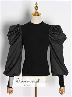 Women Black Ribbed top with Long Puff Ruched Sleeve O Neck Blouse Black Patchwork Blouse For Fall, Casual Winter Blouse With Puff Sleeves, Casual Puff Sleeve Blouse For Winter, Casual Patchwork Puff Sleeve Blouse, Ruffled Long Sleeve Puff Sleeve Top, Long Sleeve Puff Top With Ruffles, Trendy Lantern Sleeve Tops For Winter, Puff Sleeve Long Sleeve Top With Ruffles, Long Sleeve Puff Sleeve Top With Ruffles