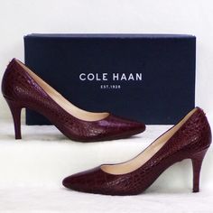 These Classy Burgundy Faux-Snakeskin Point-Toe Pumps By Cole Haan, Size 5b, Are In The Original Box, But Not New And Unworn. They Are In Gently-Pre-Owned Excellent Condition, With Traces Of Wear On The Soles And Heel Bottoms, A Small Spot Of Damage To The Right Edge Of The Insole Lining Of The Right Shoe Near The Front, And A Light Scuff Mark On The Toe Of The Left Shoe. They Are Otherwise Free Of Defects, Damage, Or Signs Of Wear. Note That The Price Is A Good Bit Lower Than It Would Be Without Floral High Heels, Be Genuine, Brown Pumps, Black Patent Leather Pumps, Black Platform Heels, Snakeskin Pattern, Tan Shoes, Black Strappy Heels, Metallic Heels