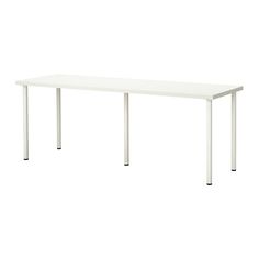 a white rectangular table with four legs on an isolated white surface, viewed from the front