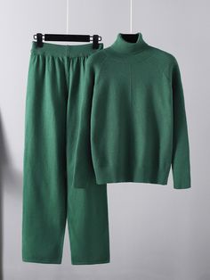 Urban Long Sleeves Loose Solid Half Turtleneck Sweater Tops  &  Wide Leg Pants Two Pieces Set BLUE-One_size Sweater Two Piece Set, Knit Two Piece Set, Casual Turtleneck, Winter Typ, Sweater Tops, Knitted Suit, Loose Trousers, Stylish Pants, Casual Outerwear