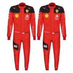 a red race suit with black and yellow logos on the chest, front and back