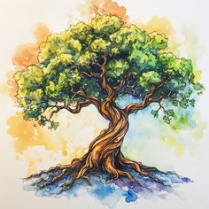 a watercolor painting of a tree with green leaves