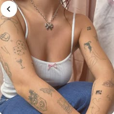 Dainty Girl Tattoos, T Tattoo Letter, Fairy Tattoo Arm, Wrap Tattoos For Women, Dainty Back Tattoo, Necklaces Tattoo, Coquette Tattoo, Charm Bracelet Tattoo, Ephemeral Tattoo