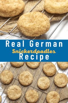 some cookies are cooling on a rack with the words real german snickkerdoodles recipe