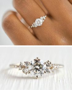 two different views of a diamond ring on someone's hand, one with three stones in it