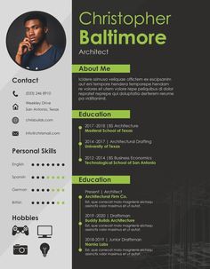 a professional resume template with green accents and black trimmings, on a dark background