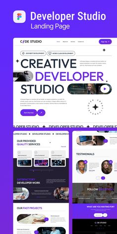 the landing page for creative studio is shown in purple and black colors, with an image of