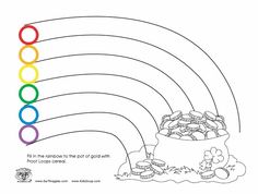 a coloring page with rainbows and pot full of coins for kids to color in