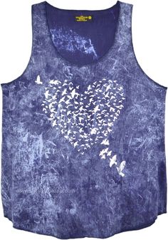 A cool boho style sleeveless stonewashed tank top with dove and heart graphic print on the front, this top is ideal for the hot summer season.  The white print of doves coming together forming a heart stands out from the cool blue background. #tlb #Sleeveless #JuniorPetite #Misses #vacationclothing #beachwrap #DovePrintTop #HeartGraphicTankTop #BohoGraphicPrintTop Cool Blue Background, Bridesmaids Outfits, Dove Print, Fitted Tunic Tops, Graphic Print Top, Asymmetrical Hem Top, Fitted Tunic, Beach Wrap, Heart Graphic