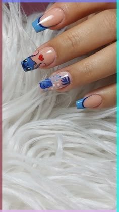 Stitch Nail Designs Simple, Nail Ideas Stitch, Lilo And Stitch Acrylic Nails, Simple Stitch Nails, Short Stitch Nails, Stitch Nails Short, Stitch Nail Ideas, Lilo And Stitch Nail Designs, Stitch Acrylic Nails