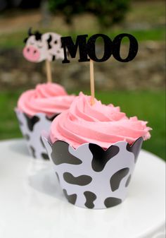 two cupcakes with pink frosting and black polka dot paper wrappers on top