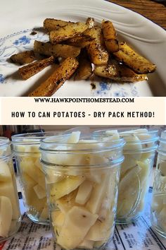 four jars filled with potatoes sitting on top of a table next to each other and the words how to can potatoes - dry pack method