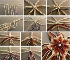 there are many pictures of different things made out of string and yarn on the wall