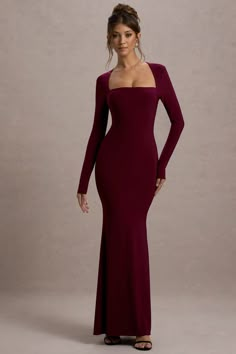 Defined by understated elegance and a flattering fit, Maja is a sophisticated option for your next special occasion. Crafted from our premium jersey in a rich burgundy hue, this long-sleeve maxi dress features a sleek square neckline that enhances your silhouette. The smooth, body-hugging fabric ensures both comfort and allure, while the full-length design adds a touch of glamour. Style Maja with metallic accessories and soft waves for an effortlessly chic look that will leave a lasting impression.Features - Premium jersey- Square neckline - Long sleeves - Invisible zip closure- Cascade hemline- Maxi lengthSizing & Fit Model is 5'7 and wears UK size 8 / US size 4 Product Information Designed exclusively by Club L London Double layered with some stretch Premium jersey in Burgundy (95% Polye Fancy Dresses Long Sleeve, Sheek Outfits, Wedding Guest Clothes, Black Tie Christmas, Burgundy Prom Dress Long, Long Sleeve Long Dress, Maroon Outfit, Metallic Accessories, Dark Maroon