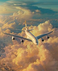 an airplane is flying above the clouds in the sunlit sky with white fluffy clouds