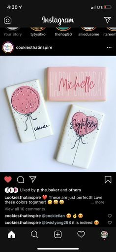 two cookies with balloons on them and the words happy birthday written in pink are shown next to each other