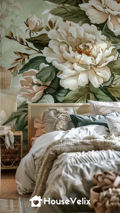 a large flowered wall mural in a bedroom next to a bed with pillows and blankets