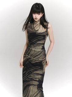 The LadyGhost Smoke and Shadows Bodycon Maxi Dress is a women's dress featuring a sheer mesh overlay with an abstract print. This bodycon maxi dress combines a form-fitting silhouette with a mysterious and elegant design, perfect for making a bold fashion statement. Fabric composition: 90% Polyester, 10% Other materials Model's measurements: Height 167cm, Weight 48kg, wearing size M. Ghost Girl, Bodycon Maxi Dress, Abstract Print Dress, Bodycon Maxi Dresses, Summer Design, Sleeveless Vest, Collar Dress, Womens Maxi Dresses, High Collar