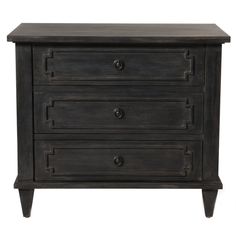 an old black dresser with three drawers and two pulls on the bottom, against a white background