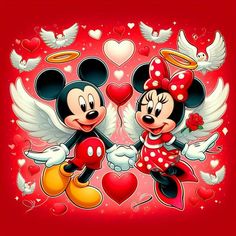 two mickey and minnie mouses holding hands with hearts in the air on a red background