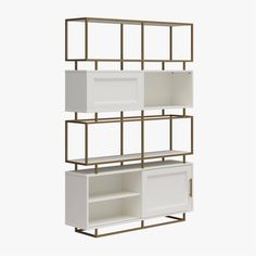 a white and gold shelf unit with shelves