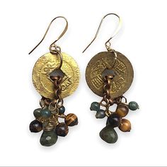 One Of A Kind Artisan Wire Wrapped Gold Tone Earrings Featuring Ancient Chinese / Oriental Coins Adorned With Vesuvianite, Jade & Tiger’s Eye Details Coming Chinese Coin, Sugar Skull Earrings, Patina Earrings, Double Sided Earrings, Carnelian Earrings, Dolphin Earrings, Porcelain Earrings, Eye Details, Plastic Earrings