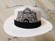 Straw Hat, Genuine Panama Summer Hand Painted Hat with Mandala design, Special Hat for the Beach, Greek Designer, Summer party, Greek Design White Summer Straw Hat Cap, Handmade White Panama Hat With Short Brim, White Handmade Casual Straw Hat, White Summer Cap Straw Hat, White Fedora Panama Hat For Festivals, White Summer Cap Style Straw Hat, White Summer Cap-style Straw Hat, White Handmade Short Brim Hat, Casual White Handmade Straw Hat