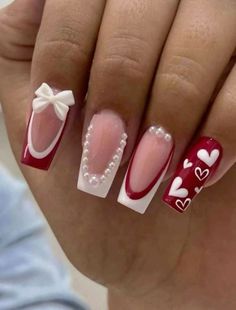 Cute October Nails Short, Red And White Nails Valentines Day, Valentines Day Acrylic Nails Coffin, Valentine Toes Nails, Acrylic Bow Nails, Aniversary Gifts For Him, Bow Valentines Nails, Nail Designs Unique Different, Square Acrylic Nails Valentines