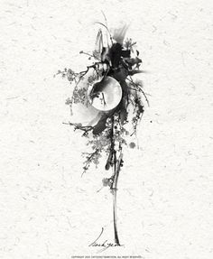 a black and white drawing of an apple hanging from a tree branch with leaves on it