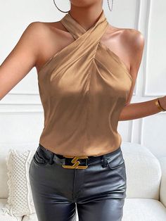 Marrón Casual Collar sin mangas Satén Liso Top Embellished No-Elástico Halter Top Shirts, Designer Patterns, Preppy Prom, Backless Tank Top, Satin Bluse, Fashionable Dresses, Business Formal Dress, Western Tops, Backless Blouse