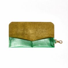 On-The-Go Wallet - Glad & Young Studio Green Leather Card Holder For Everyday Use, Green Leather Wallet With Cell Phone Pocket, Everyday Rectangular Card Holder With Snap Closure, Rectangular Card Holder With Snap Closure, Leather Rectangular Coin Purse With Key Clip, Green Wallet With Interior Key Chain Holder For Travel, Green Everyday Trifold Wallet, Everyday Green Coin Purse With Card Slots, Green Leather Coin Purse With Rfid Blocking