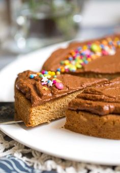 an egg free coconut flour cake with chocolate frosting and sprinkles on a white plate