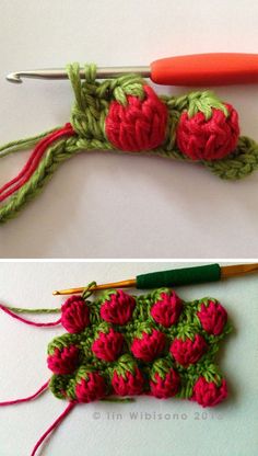 crocheted flowers are being worked on with yarn