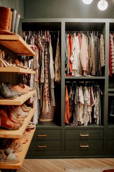 the closet is full of clothes and shoes for all kinds of people to use it