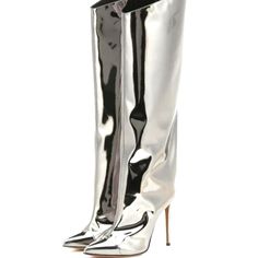 Silver Metallic Leather Stiletto Knee High Womens Boots Size 7 Mirror Boots, Knee High Stiletto Boots, Demonia Boots, Metallic High Heels, Silver Boots, Runway Shoes, Knee Length Boots, Designer High Heels, Faux Leather Boots